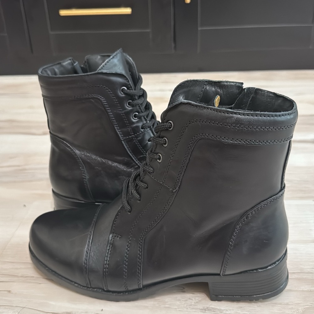 Sandro Moscoloni Black Leather Combat Moto Boots Lace Up Side Zip Sz 10 - Picture 2 of 8